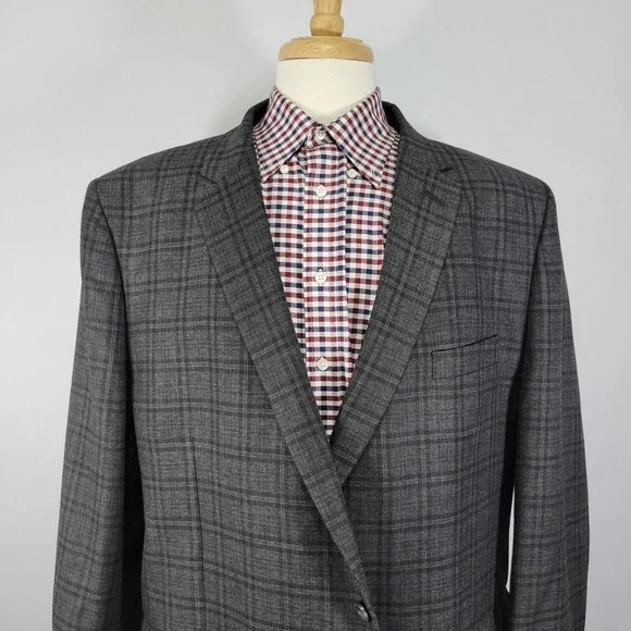 Haggar Mens Sport Coat Blazer Two Button Charcoal Gray Plaid Polyester blend 52L